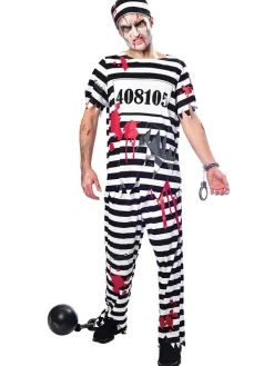 3-delig kostuum "Zombie Convict" zwart/wit/rood