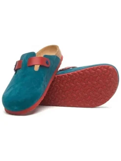 Leren clogs donkerblauw/rood