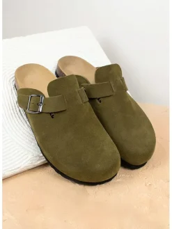 Leren clogs kaki
