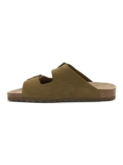 Leren slippers kaki