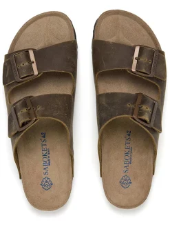 Leren slippers kaki