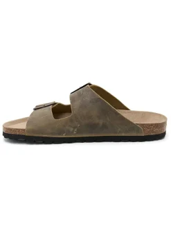 Leren slippers kaki