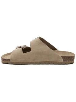 Leren slippers taupe
