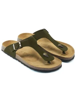 Leren teenslippers kaki