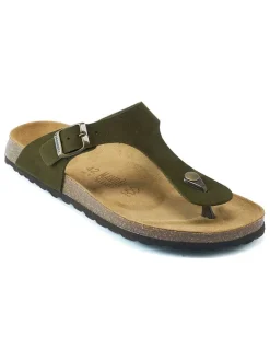 Leren teenslippers kaki