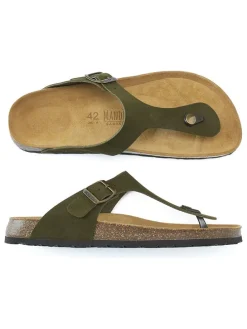 Leren teenslippers kaki