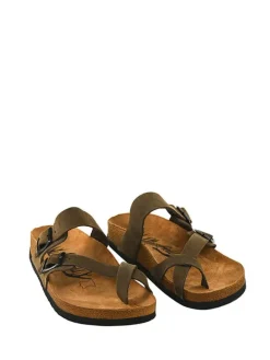 Leren teenslippers kaki