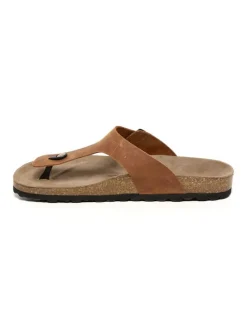 Leren teenslippers lichtbruin