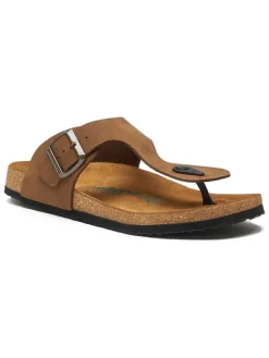 Leren teenslippers zandkleurig