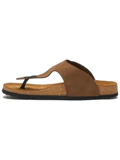 Leren teenslippers zandkleurig